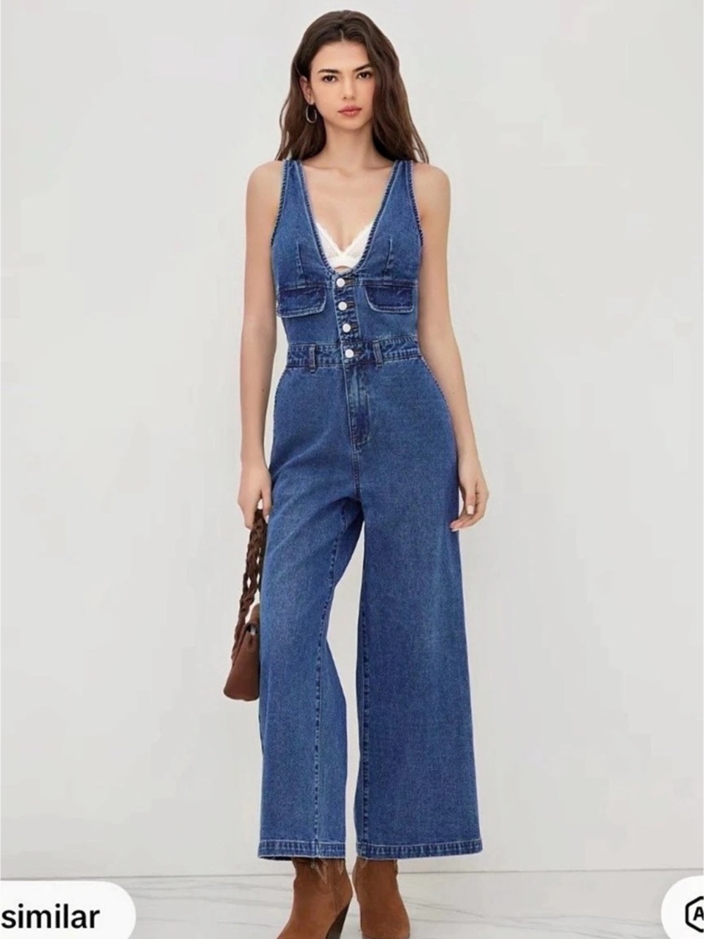 Cider Denim V-neck Button Pocket Wide Leg Jumpsuit in Blue